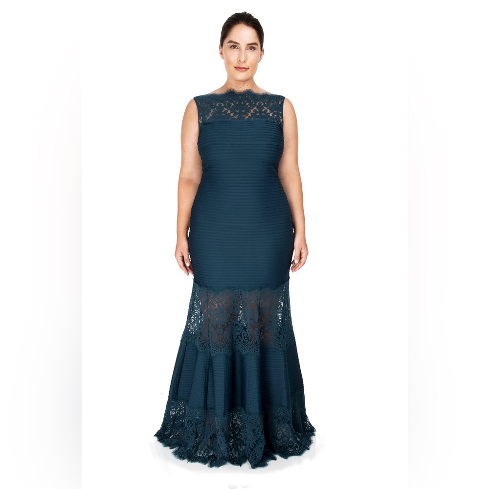 Tadashi Shoji Pintuck Jersey Boatneck Illusion Gown